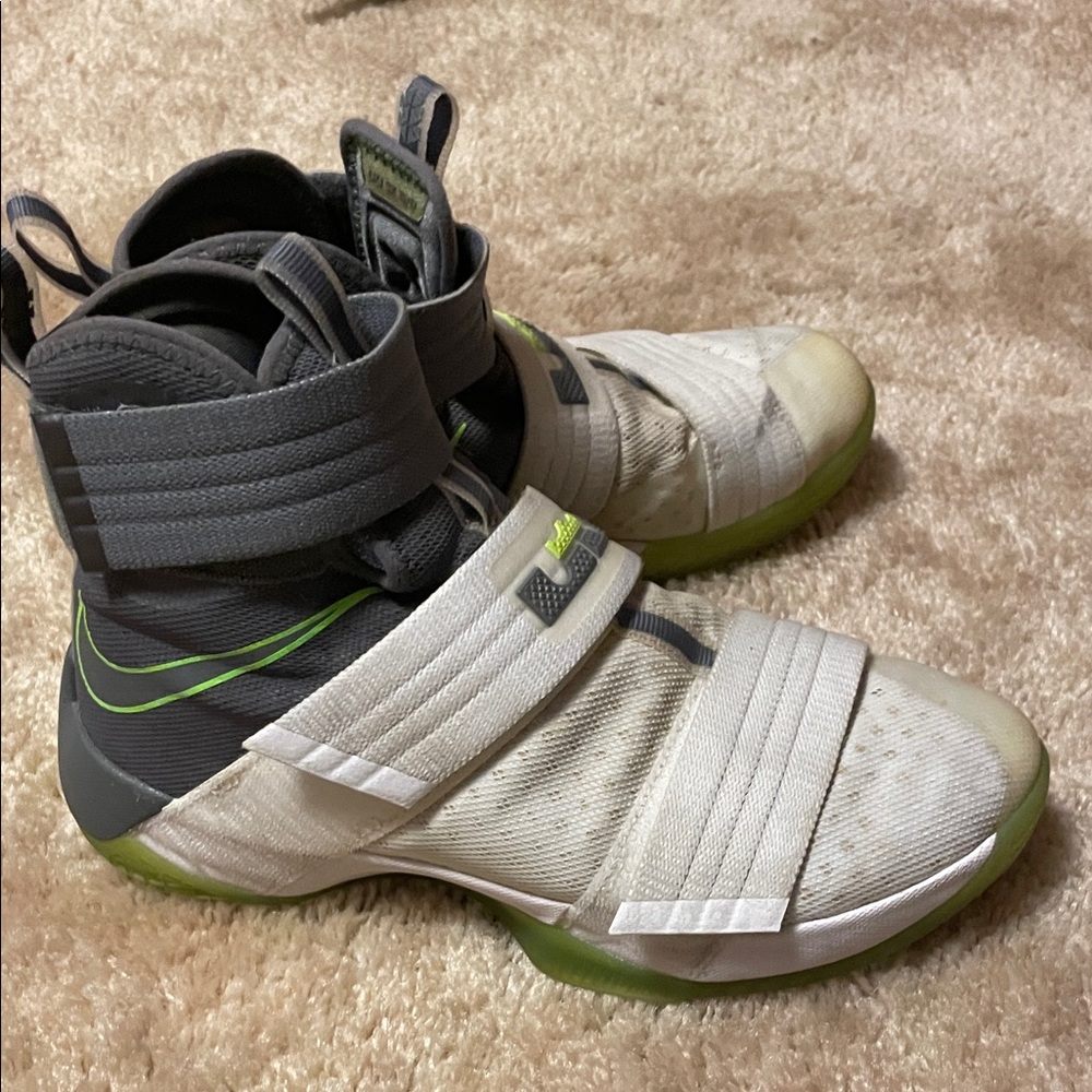 Labron James Soldier 10’s 
Nike White and Gray Sneakers with Green Highlights